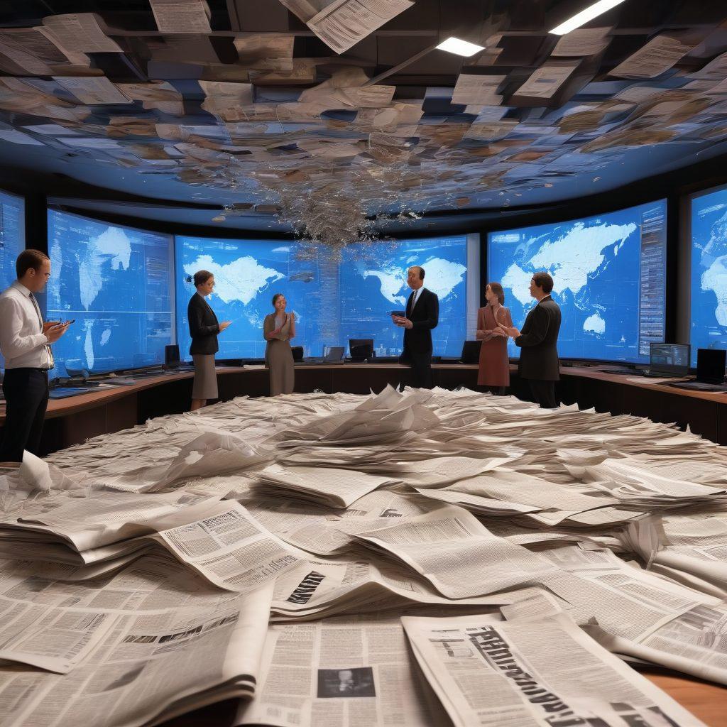 A bustling news newsroom filled with diverse journalists working fervently, with screens displaying local legends being transformed into global headlines. The room should have maps, articles, and vintage news clippings blending with modern technology like smartphones and laptops. Include a world globe and newspaper articles floating in the air, symbolizing the reach of news. Create a vibrant atmosphere with a dynamic color palette. super-realistic. vibrant colors. 3D.