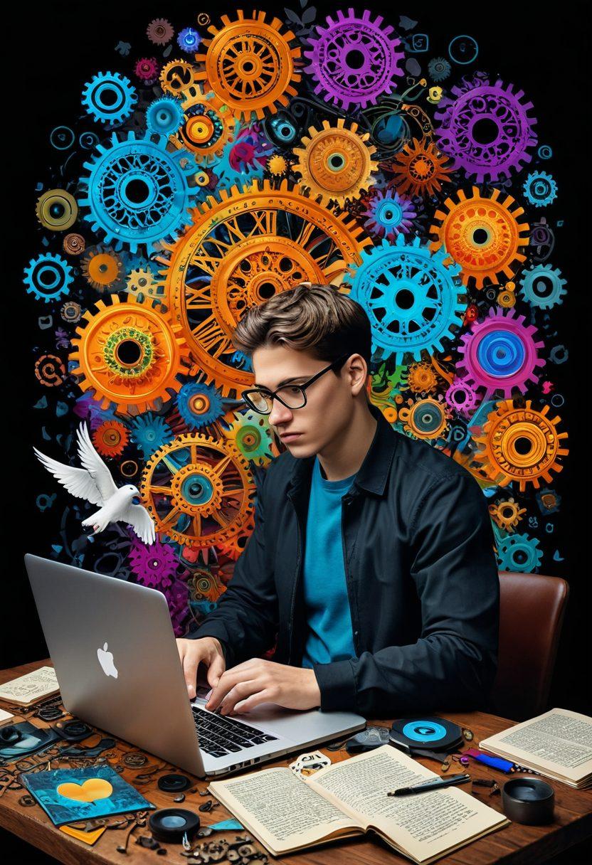 A dynamic collage of a writer at a laptop, surrounded by floating digital elements like social media icons, gears, and vibrant story elements such as books and ink pens, showcasing the evolution of storytelling. The background features a blend of traditional and modern storytelling mediums like scrolls and tablets. The atmosphere is energetic and inspiring, symbolizing creativity and technical innovation. super-realistic. vibrant colors. digital art.