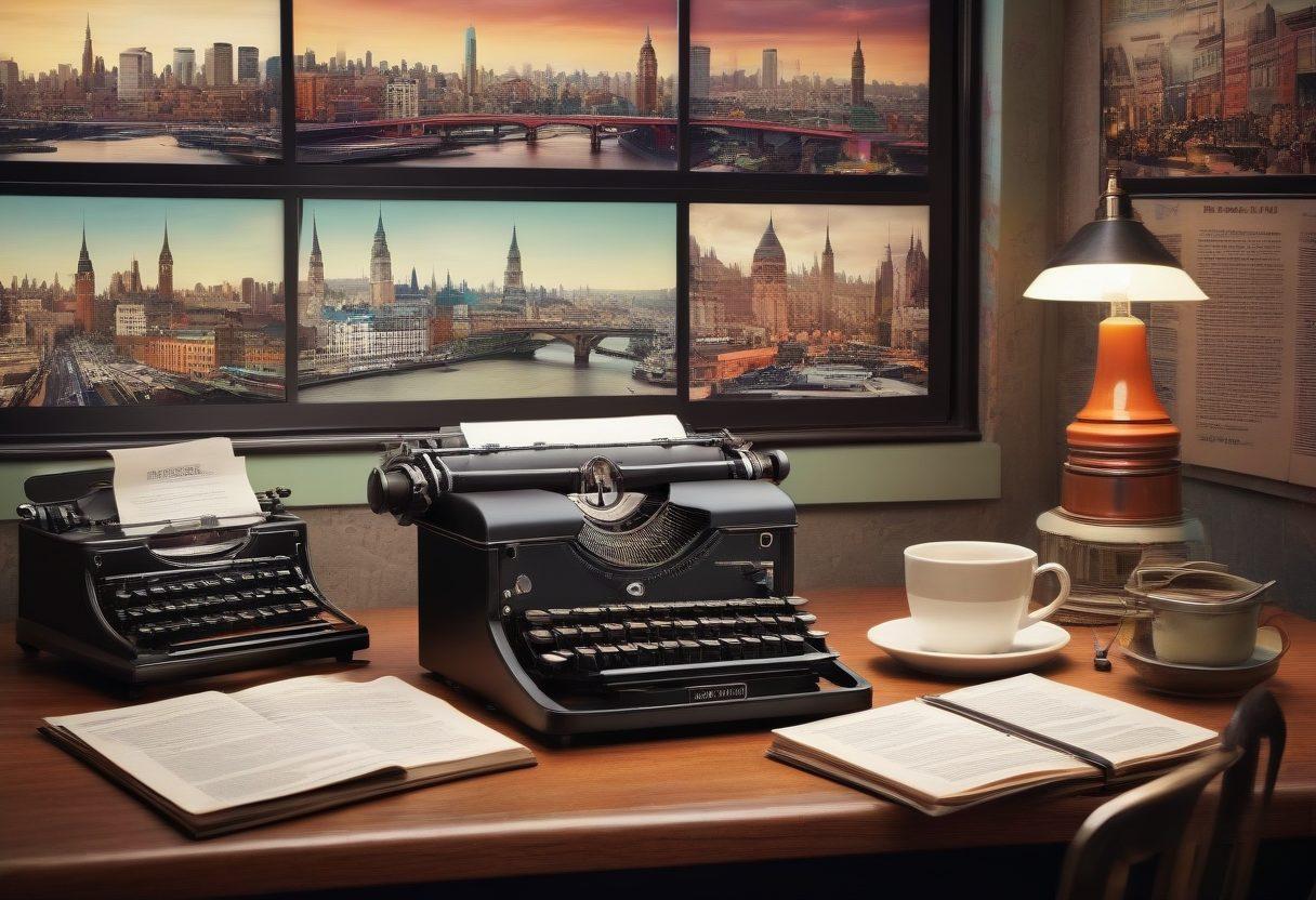 A digital workspace filled with vibrant screens displaying news articles in various stages of editing. A cup of coffee sits beside a notepad filled with notes, and a typewriter in the corner symbolizes traditional journalism. The background showcases iconic landmarks representing global news stories. Bright, modern aesthetics combined with retro elements highlight the blend of old and new journalism techniques. super-realistic. vibrant colors. 3D.